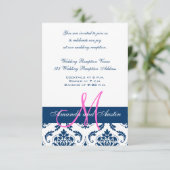 Blauw Witte Damast Trouwreceptie Uitnodiging (Staand voorkant)