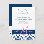 Blauw Witte Damast Trouwreceptie Uitnodiging (Voorkant / Achterkant)