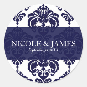 Blauw Witte Damast Vintage Trouwfeest Favor Ronde Sticker