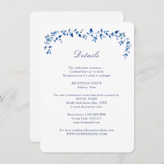 Blauw-witte Delft Huwelijksdetails Informatiekaartje (Voorkant / Achterkant)