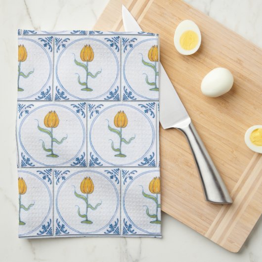 Blauw Witte Delft Tulp Nep Tegel Keukenhanddoek (Quarter Fold)