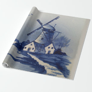 Blauw Witte Delfts Oude Molen Cadeaupapier