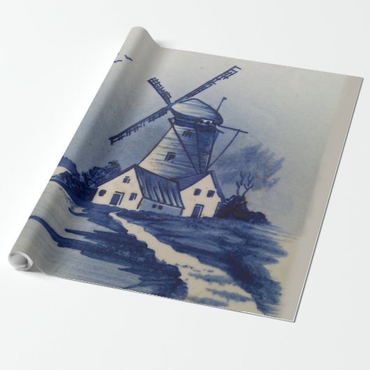 Blauw Witte Delfts Oude Molen Cadeaupapier (Uitgerold)