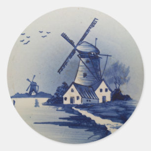 Blauw Witte Delfts Oude Molen Ronde Sticker