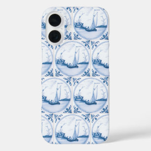Blauw Witte Delfts Zeilboot Vintage Tegelpatroon iPhone 16 Hoesje
