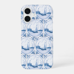 Blauw Witte Delfts Zeilboot Vintage Tegelpatroon iPhone 16 Hoesje