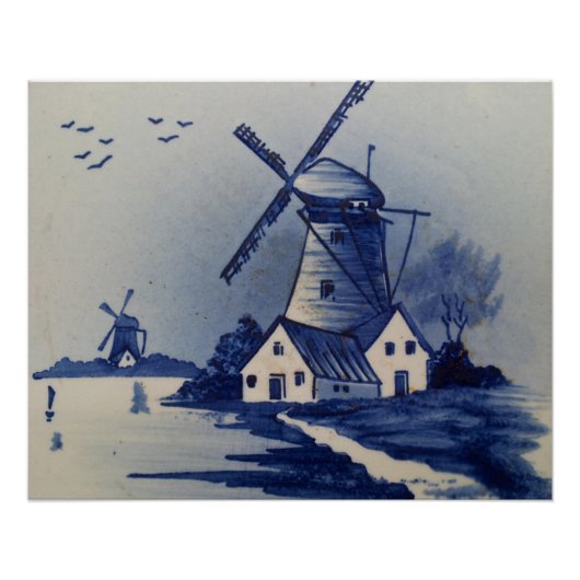 Blauw Witte Delftsblauw Windmolen Perfect Poster (Voorkant)
