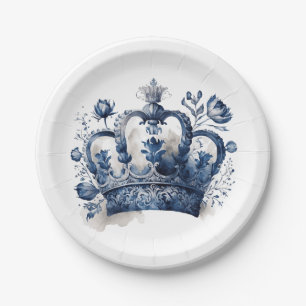 Blauw-witte Delftse stijl kroon met bloemen Papieren Bordje