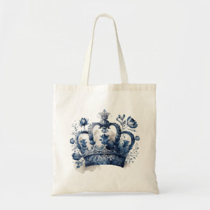 Blauw-witte Delftse stijl kroon met bloemen Tote Bag