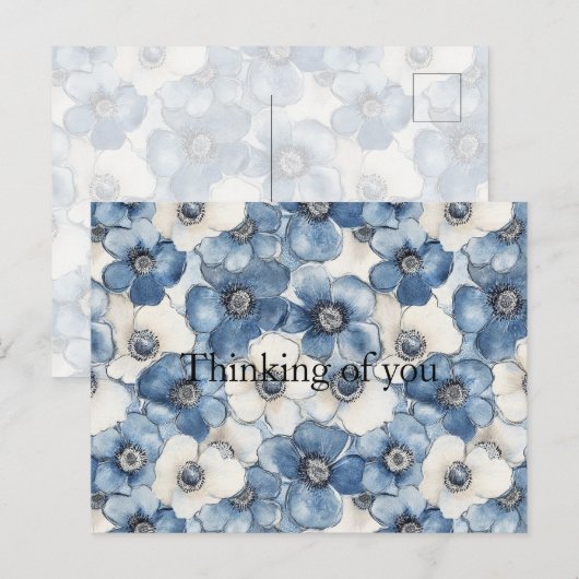 Blauw-witte denim bloemen denken aan jou briefkaart (Voorkant / Achterkant)