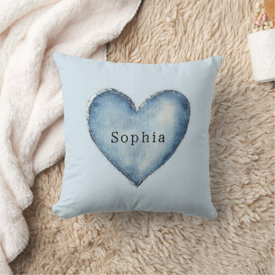 Blauw Witte Denim Hart   Kussen