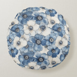 Blauw Witte Denim Hart Strepen Bloemen Rond Kussen