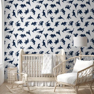 Blauw Witte Dinosaurus Baby Boy Kwekerij Verwijder Behang