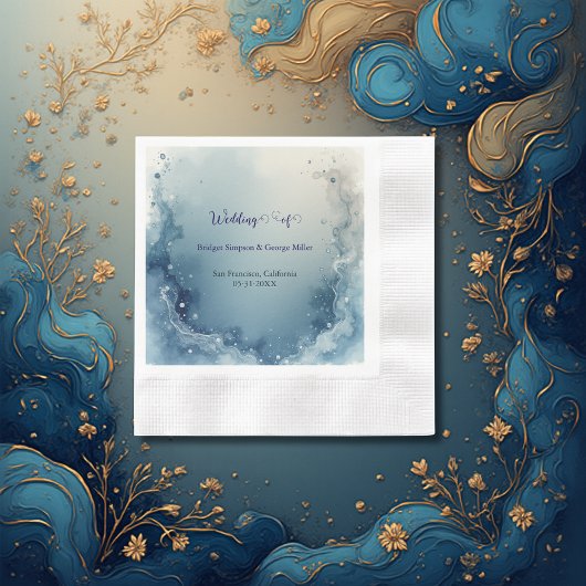 blauw witte dromerige kustmarmeren inkt bruiloft servet
