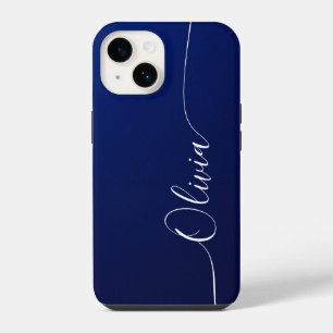 Blauw Witte Elegante Kalligrafie Script Naam iPhone 14 Hoesje