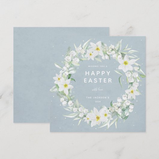 Blauw + witte flora met Happy Paasflat Kaart (Voorkant / Achterkant)