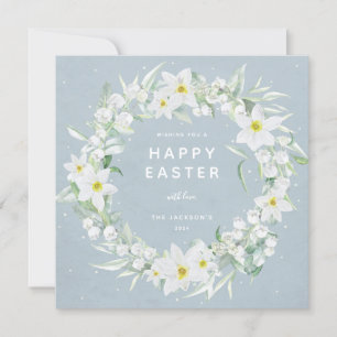 Blauw + witte flora met Happy Paasflat Kaart