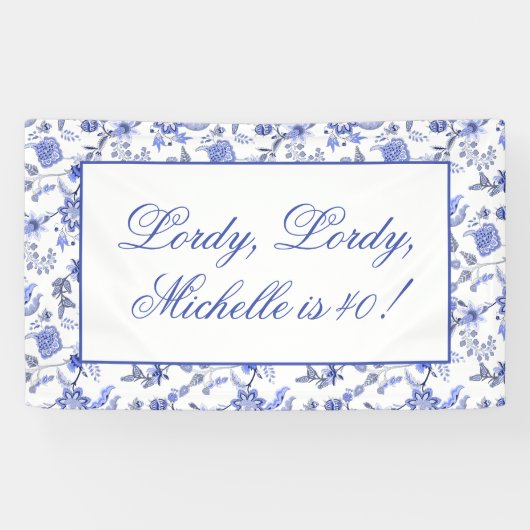  blauw-witte Floral Lordy 40 Birthday Spandoek (Horizontaal)