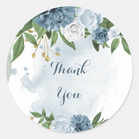 blauw - witte florale groen dank u ronde sticker (Voorkant)