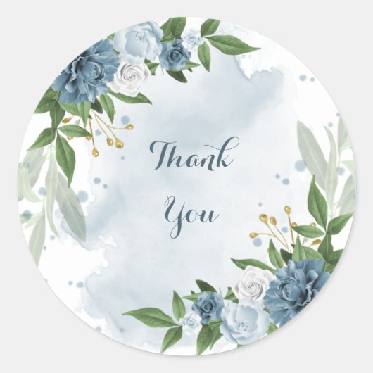 blauw - witte florale groen dank u ronde sticker (Voorkant)
