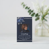 Blauw witte foto bloemendienst rouwkaart visitekaartje (Staand voorkant)