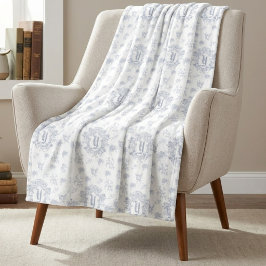 Blauw Witte Franse Toile Monogram Naam Patroon Fleece Deken