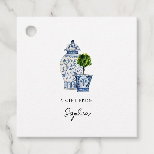 Blauw-witte gemberpot & topiaire geschenklabels bedankjes labels (Voorkant)