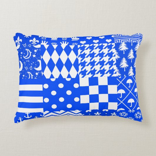 Blauw Witte Gemengde Patronen Patchwork Ontwerp  Accent Kussen (Voorkant)