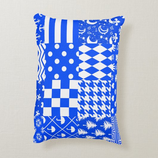 Blauw Witte Gemengde Patronen Patchwork Ontwerp Accent Kussen (Achterkant (Verticaal))