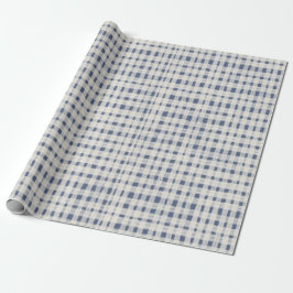 Blauw Witte Geruite Strepen Kerst Cadeaupapier