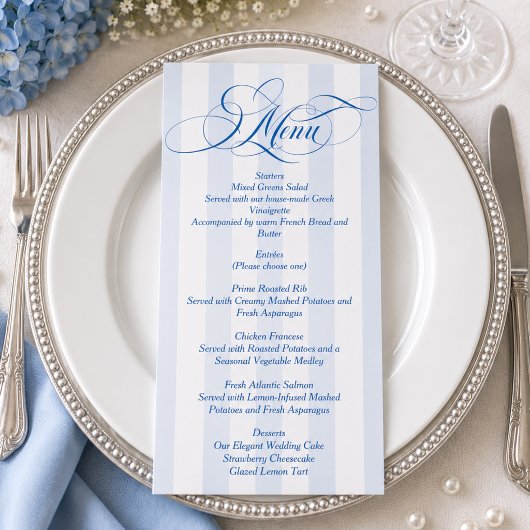 Blauw Witte Gestreepte Elegante Trouw Menu