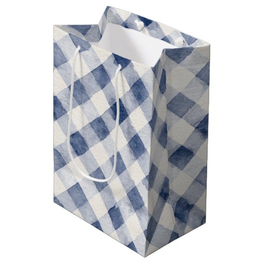 Blauw Witte Gestreepte Karo Bruiloft Feest Medium Cadeauzakje (Voorkant Gekanteld)