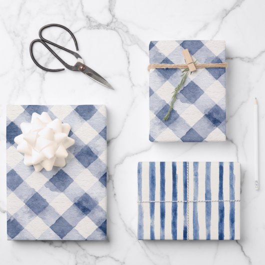 Blauw Witte Gestreepte Plaid Bruiloftsfeest Inpakpapier Vel (Voorkant)