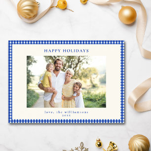 Blauw Witte Gingham Geruite Rand Familie Foto Feestdagenkaart