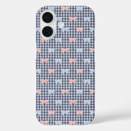Blauw Witte Gingham Roze Blauwe Coquette Strikken  iPhone 16 Hoesje