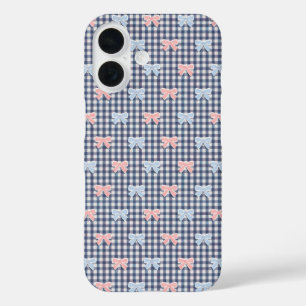 Blauw Witte Gingham Roze Blauwe Coquette Strikken  iPhone 16 Hoesje