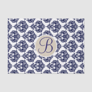 Blauw & Witte Glam Damask Monogram Letter Initiaal Tissuepapier