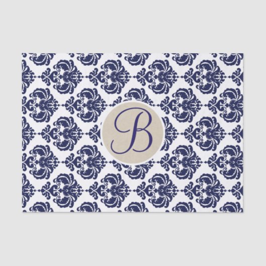 Blauw & Witte Glam Damask Monogram Letter Initiaal Tissuepapier (Voorkant)