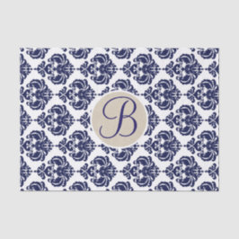 Blauw & Witte Glam Damast Monogram Letter Initiaal Tissuepapier