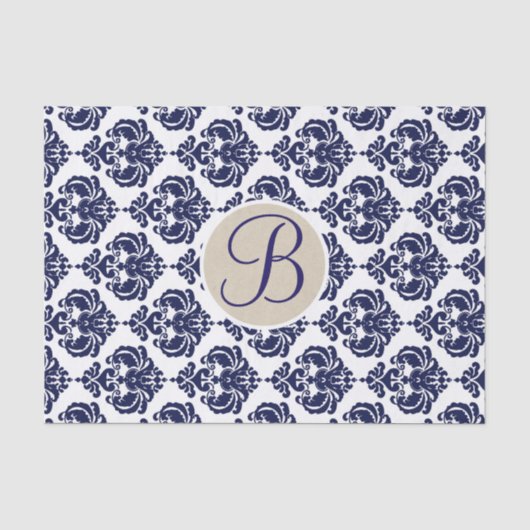Blauw & Witte Glam Damast Monogram Letter Initiaal Tissuepapier (Voorkant)