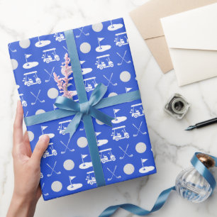 Blauw-witte golfballen, karren en clubs cadeaupapier