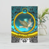 BLAUW WITTE GOUD DAMASKSTORKMONOGRAM BABY SHOWER KAART (Staand voorkant)