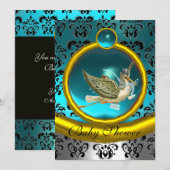 BLAUW WITTE GOUD DAMASKSTORKMONOGRAM BABY SHOWER KAART (Voorkant / Achterkant)