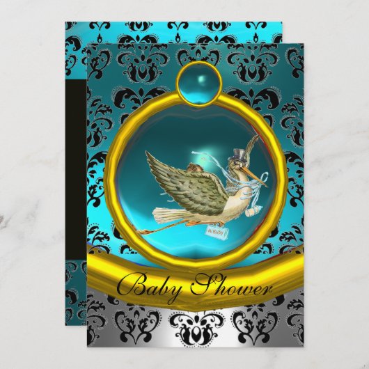 BLAUW WITTE GOUD DAMASKSTORKMONOGRAM BABY SHOWER KAART (Voorkant / Achterkant)