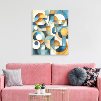 Blauw Witte Gouden Abstracte Geometrische Kunst Canvas Afdruk