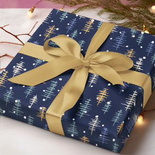 Blauw Witte Gouden Abstracte Kerstbomen Cadeaupapier