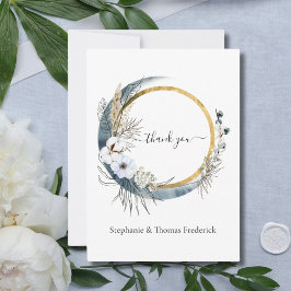 Blauw Witte Gouden Bloem Waterverf Boho Bruiloft Bedankkaart