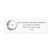 Blauw Witte Gouden Bloemige Monogram Boho Trouw Etiket (Voorkant)