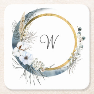 Blauw Witte Gouden Bloemige Monogram Boho Trouw Kartonnen Onderzetters