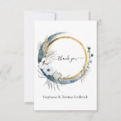 Blauw Witte Gouden Bloemige Waterverf Boho Bruilof Bedankkaart (Voorkant)